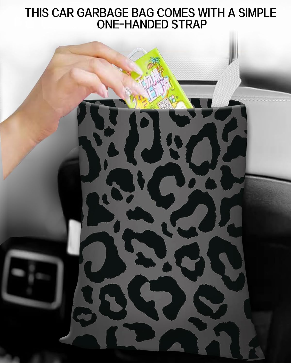 Car Garbage Can, Hanging Car Trash Can Bag for Accessories, Vehicle, Travelling, Camping, Back Seat Organizer, Luxury Black Leopard