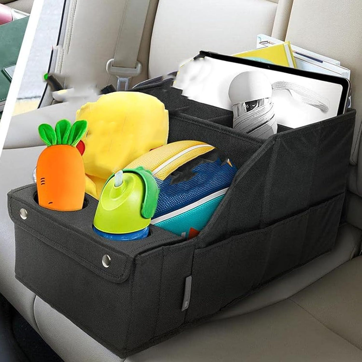 Car Seat Organizer Backseat Storage Box with 5 Main Pouches 4 Mesh Pockets 2 Cup Holders for Travel Kids Toys Snacks Books