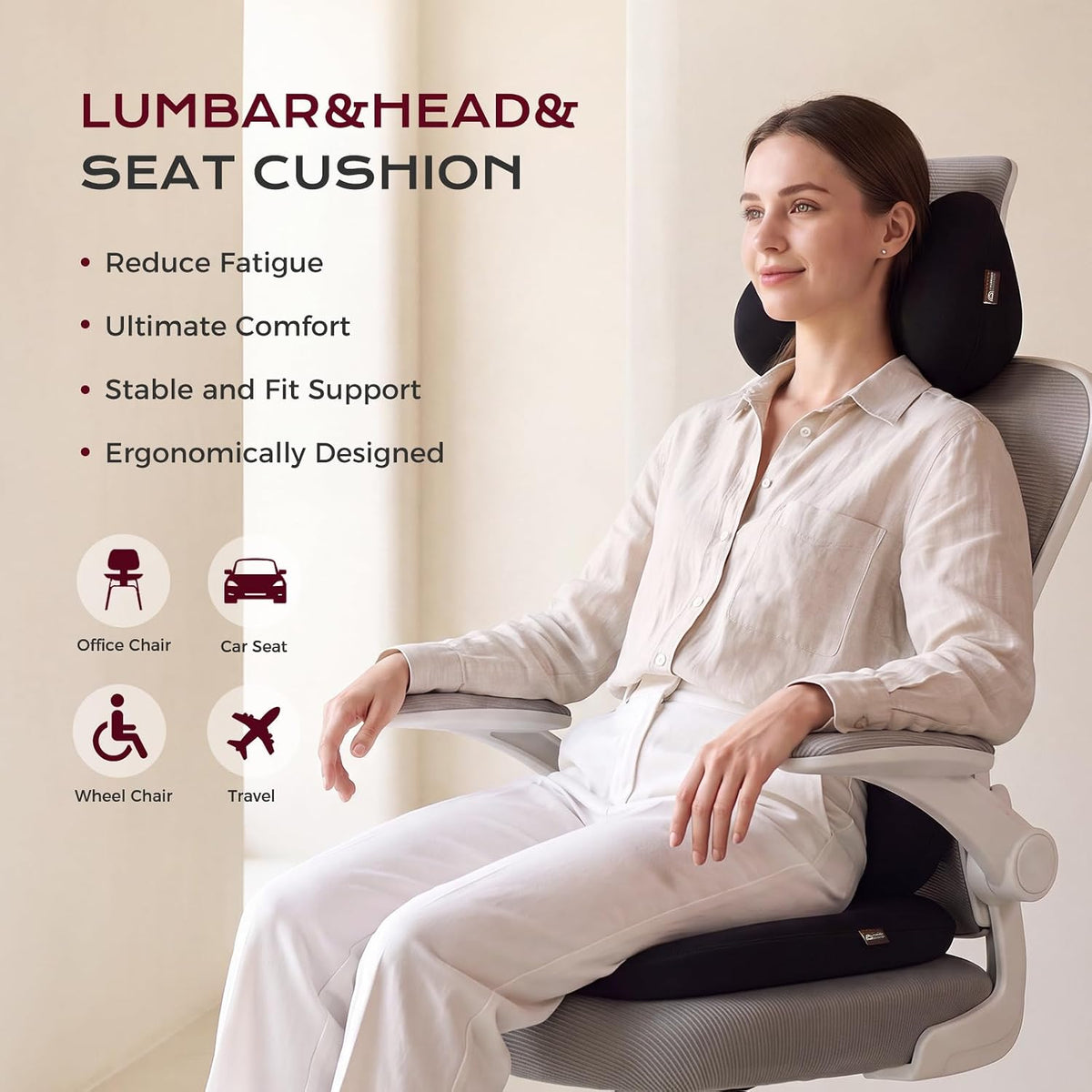 Coverado Car Seat Cushion and Lumbar Support Pillow with Headrest, Memory Foam Cooling Silk Ergonomic Cushion for Driving Back Neck Pain Relief Universal Fit Black
