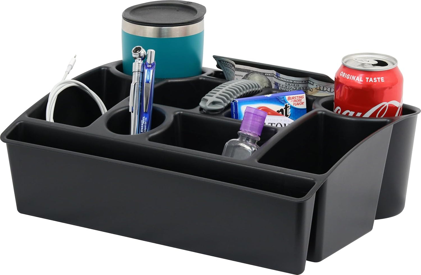 Moblorg Vehicle Seat Organizer Car Storage Caddy with Carrying Handle, 2 Large Cup Holders, 10 Compartments, Hidden Extra Storage, Fits Most Vehicles, Made in USA from Recycled Plastic