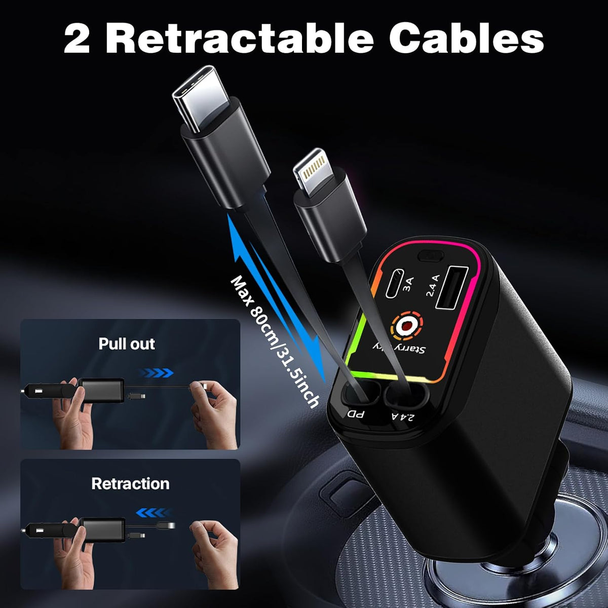 Starlight Retractable Car Charger,66W Fast Car Chargers Adapter 4 in 1 with 2 USB Car Chargers for Phone iPhone 16/15/14/13/12/11 and for Android - Black