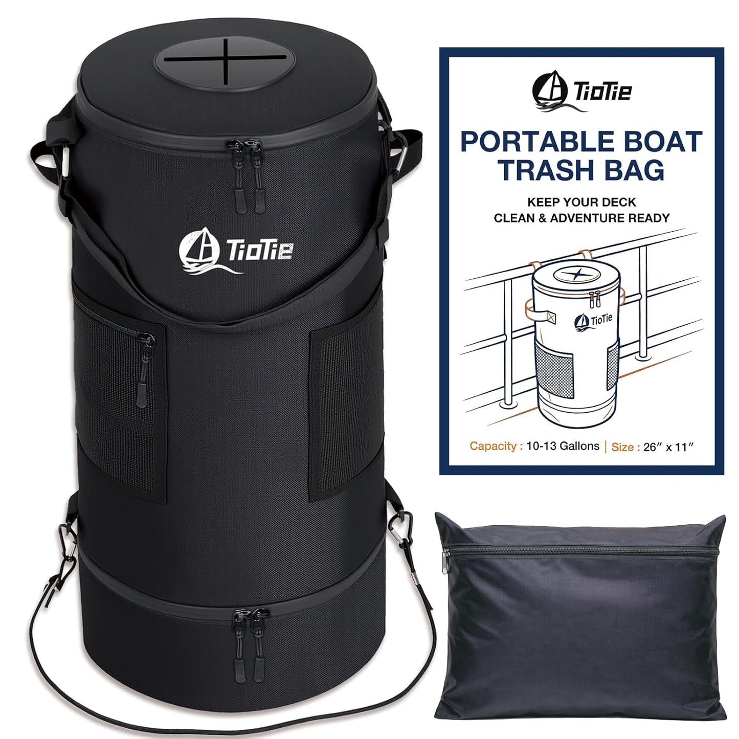 Boat Trash Can with 5.5in PVC Cross Opening, Large 26" Marine Garbage Bag for Pontoon, Fishing &amp; Kayak Boats, 1680D Waterproof/Windproof Boat Trash Bag with Storage Pockets (Black)