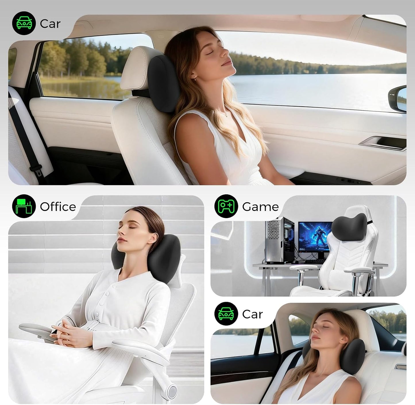 BEBAS Memory Foam Car Headrest Pillow - Breathable Neck Support Pillow for Driving, Universal Fit Cars/SUVs/Tesla/Toyota & Office Chair, Removable Cover (Black, Summer)