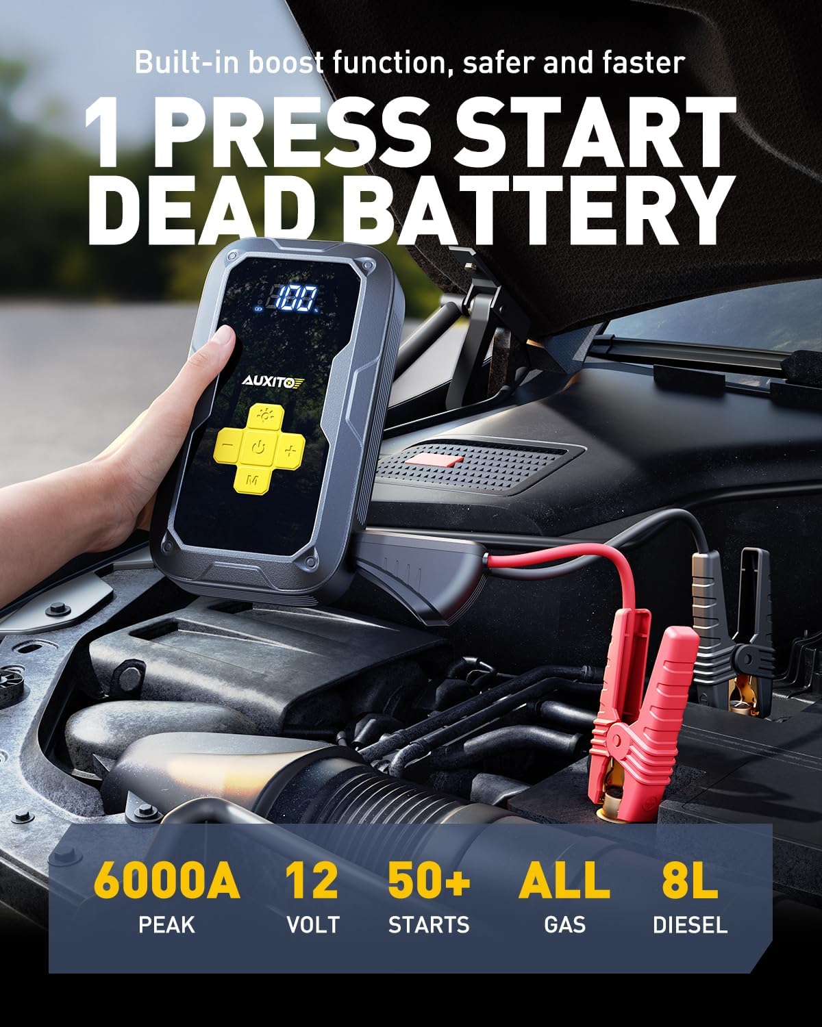 AUXITO Portable Jump Starter with Air Compressor, 6000A Tire Inflator and Battery Jumper, 150PSI Fast Inflation, for All 12V Vehicle, 7-in 1 Emergency Power Bank with LED Light & SOS