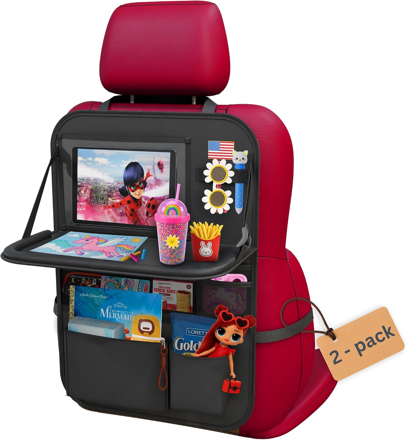 Car Backseat Organizer with Tablet Holder (2-pack) - Updated 2025 Oxford 600D Car Storage Organizer, Foldable Car Tray Kids, Road Trip Essentials, Back Seat Protector Kick Mats, Travel Accessories