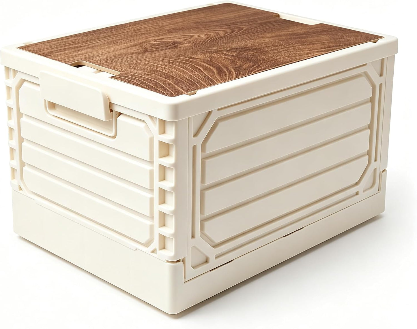 PureBox Foldable Storage Crate with Wooden Lid, Collapsible Plastic Storage Bin, Large Capacity Stackable Storage Furniture, Space Saving Organizer Box for Home, Closet, Garage, RV, Camping &amp; Office
