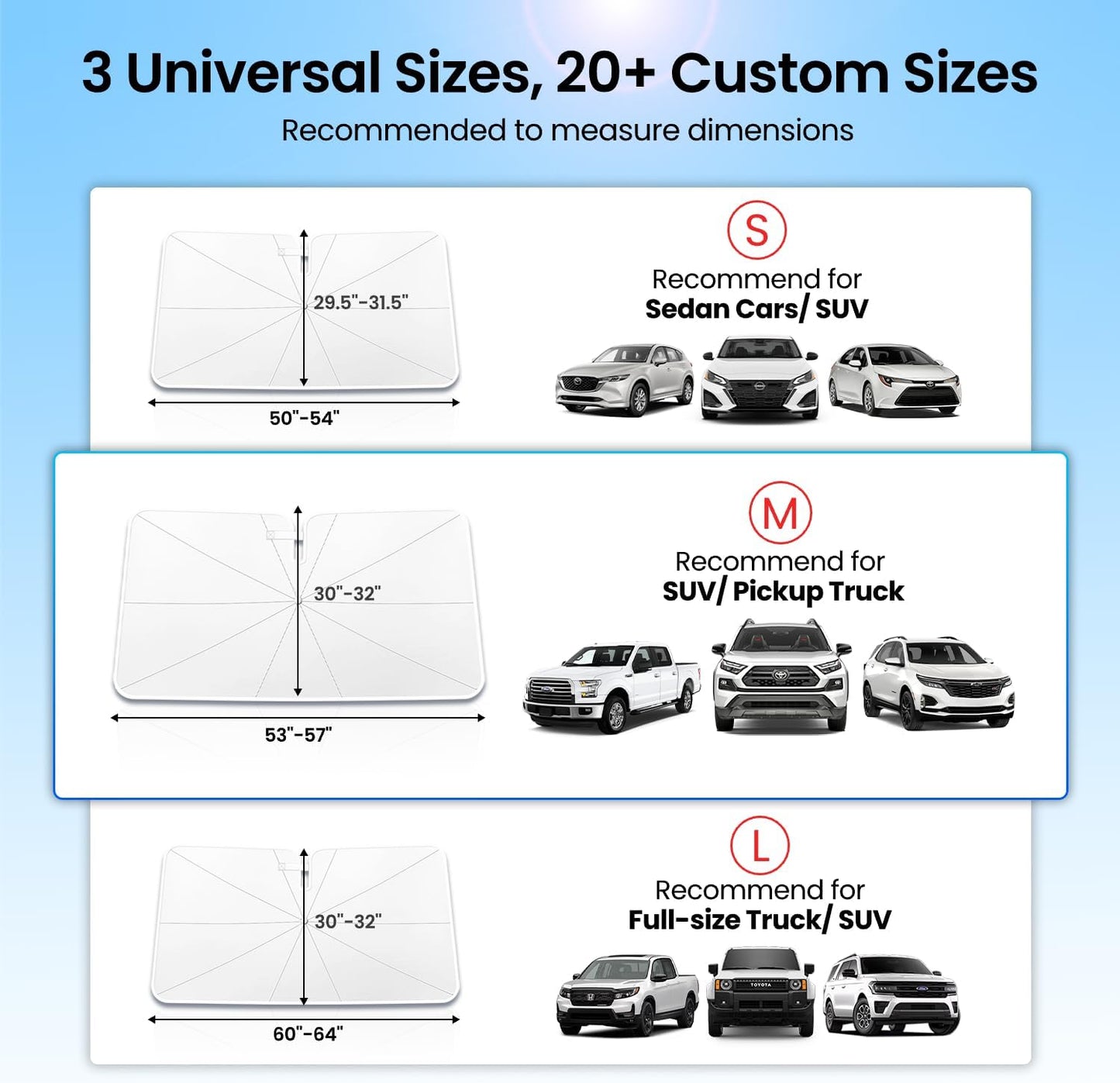 REEVAA 2026 Upgraded Windshield Sun Shade Umbrella [100% Sun Protection & Keep Cool] Protect Interior, 360° Flex Handle Sun Shield Sunshade for SUV & Pickup Truck, M(57" L x 32" W)