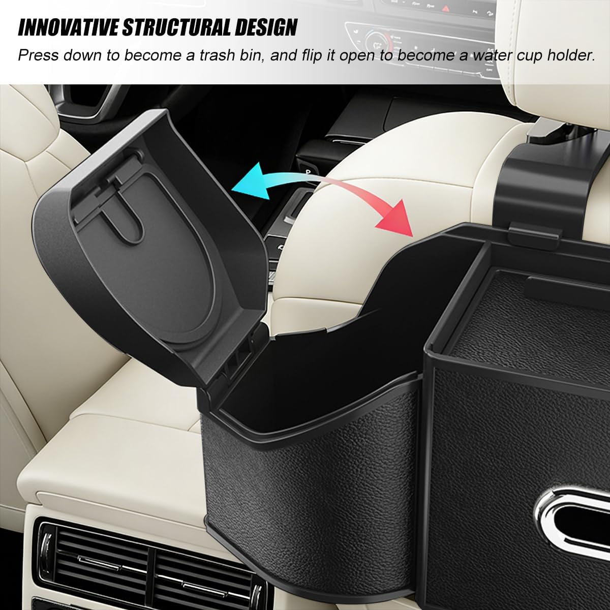 HZEL Car Seat Back Organizer, 7 in 1 Vehicle Backseat Storage Box with Cup Holder Tissue Box Trash Bin & Hooks, Multifunctional Auto Interior Headrest Organizer, Universal for SUV RV Truck (Black)