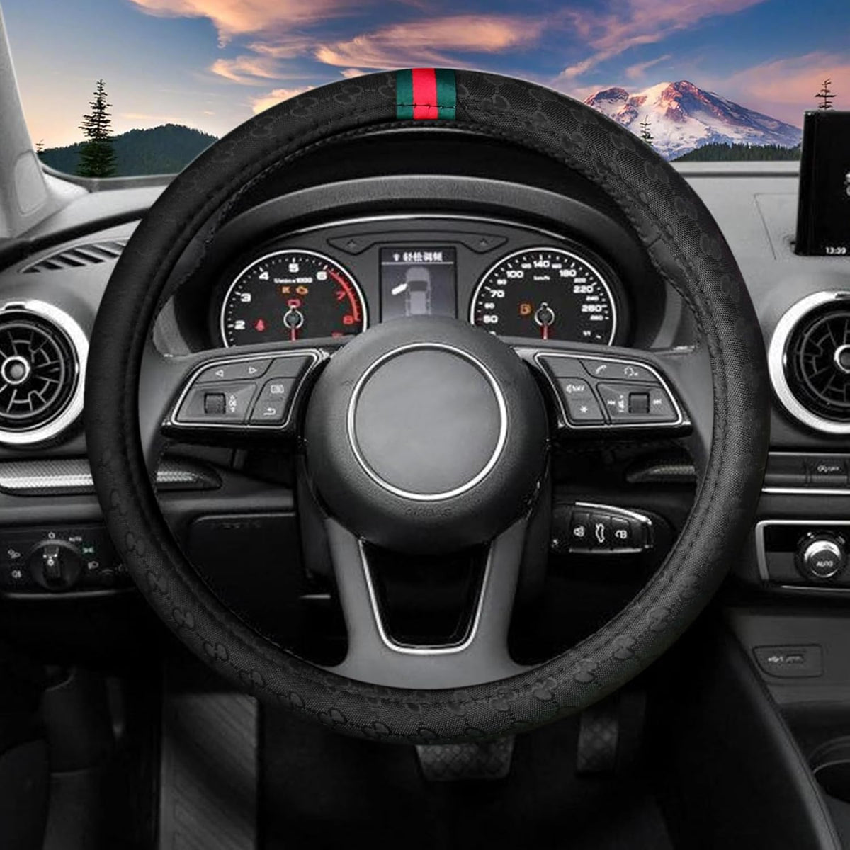 5PCS Steering Wheel Cover, with 2 Headrests, 2 Seat Belt Covers - Universal Fit for 14.5-15" Steering Wheel, Enhances Driving Experience - Perfect for Women (Black)