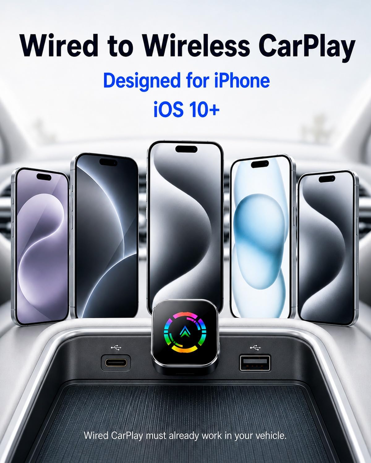Wireless CarPlay Adapter,Car Play Wireless Adapter, CarPlay Car Adapter Dongle, Convert Factory Wired Apple CarPlay to Wireless, Ultra-Mini Plug & Play, Includes USB C & USB-A