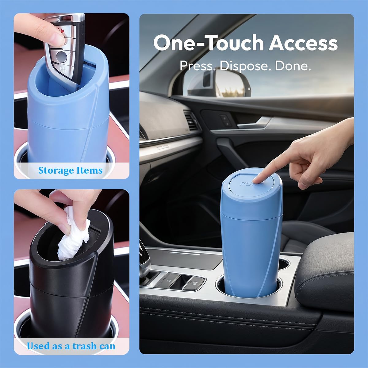 Car Trash Bin with Lid, Leak-Proof Portable Vehicle Cup Holder Garbage Can Dustbin with 2 Roll Trash Bags, Auto Interior Cup Holder Trash Bin Storage Organizer, Universal Fit (Black)