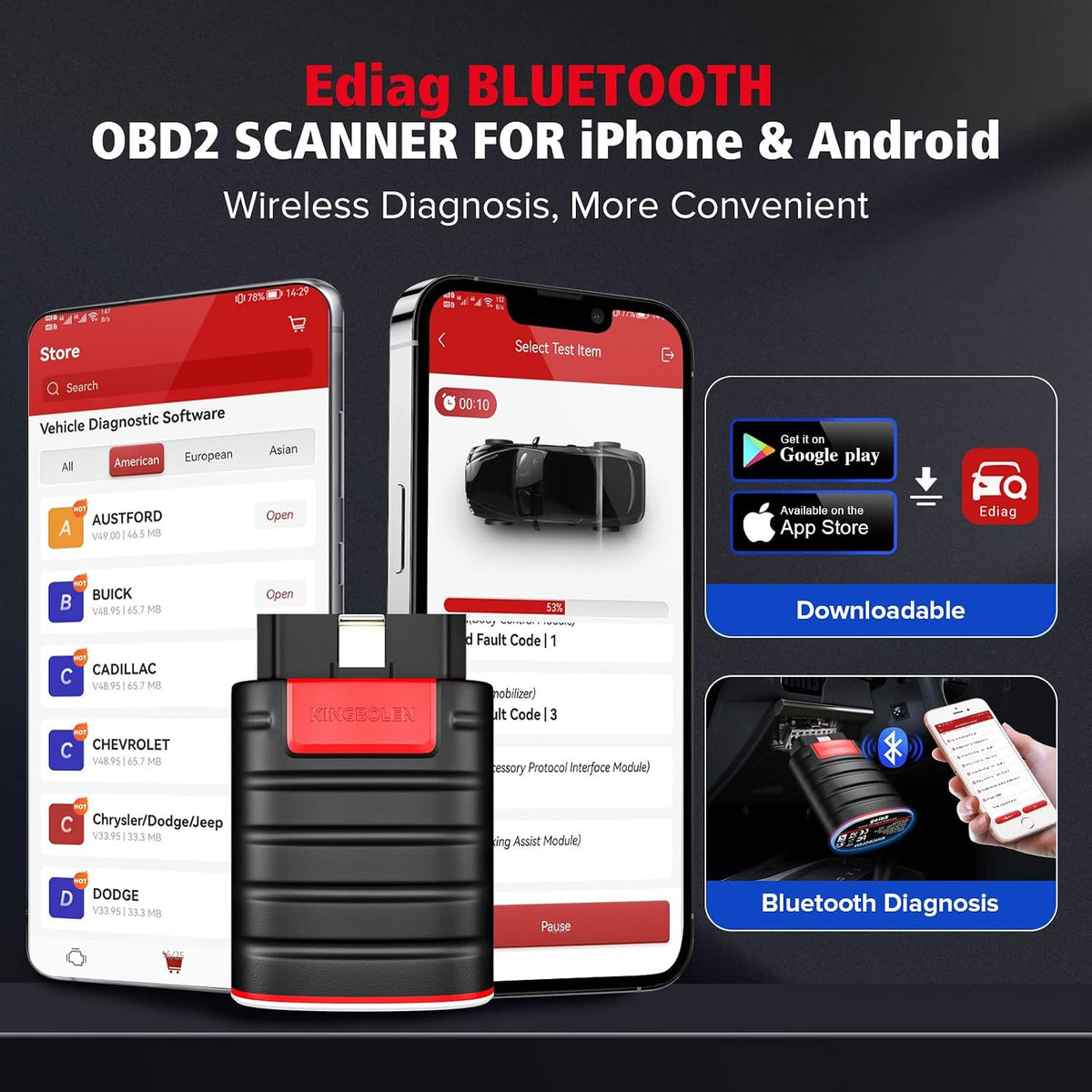 KINGBOLEN Ediag OBD2 Scanner Bluetooth, Full System Bidirectional Scan Tool