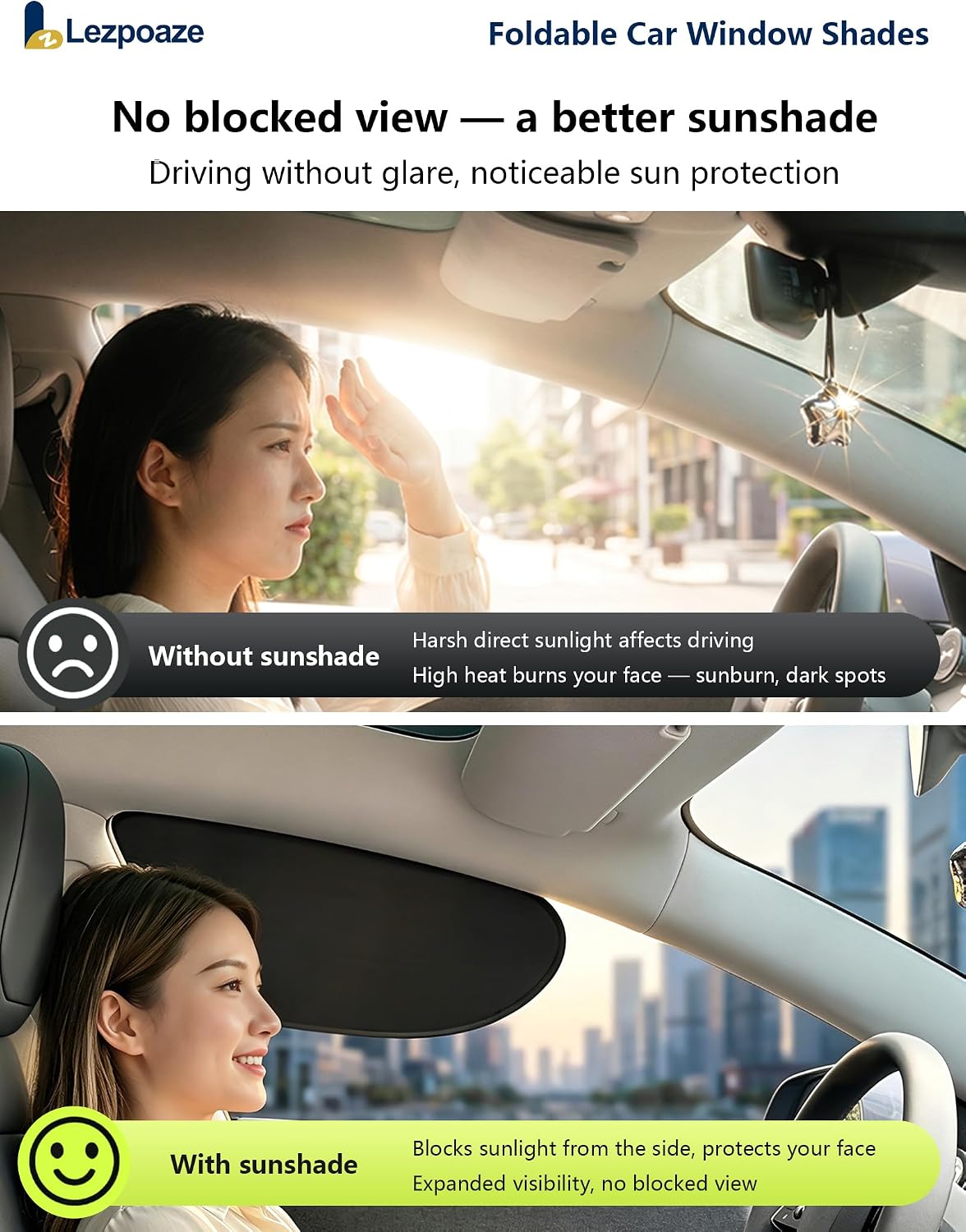 Foldable Car Window Shades - 2 Pack for Driver & Passenger Side | Blackout Static Cling | Blocks UVA/UVB & Glare | Easy On/Off | for Daily Driving & Travel