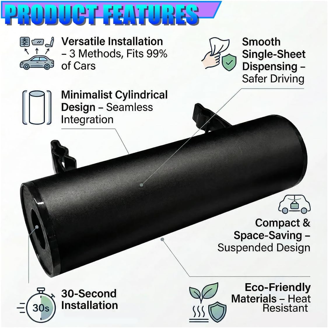Car Tissues Holder, Portable Facial Tissue Cylinder Box, Refillable Auto Interior Canned Napkin Container for Most Cars, Home, Office (Black)