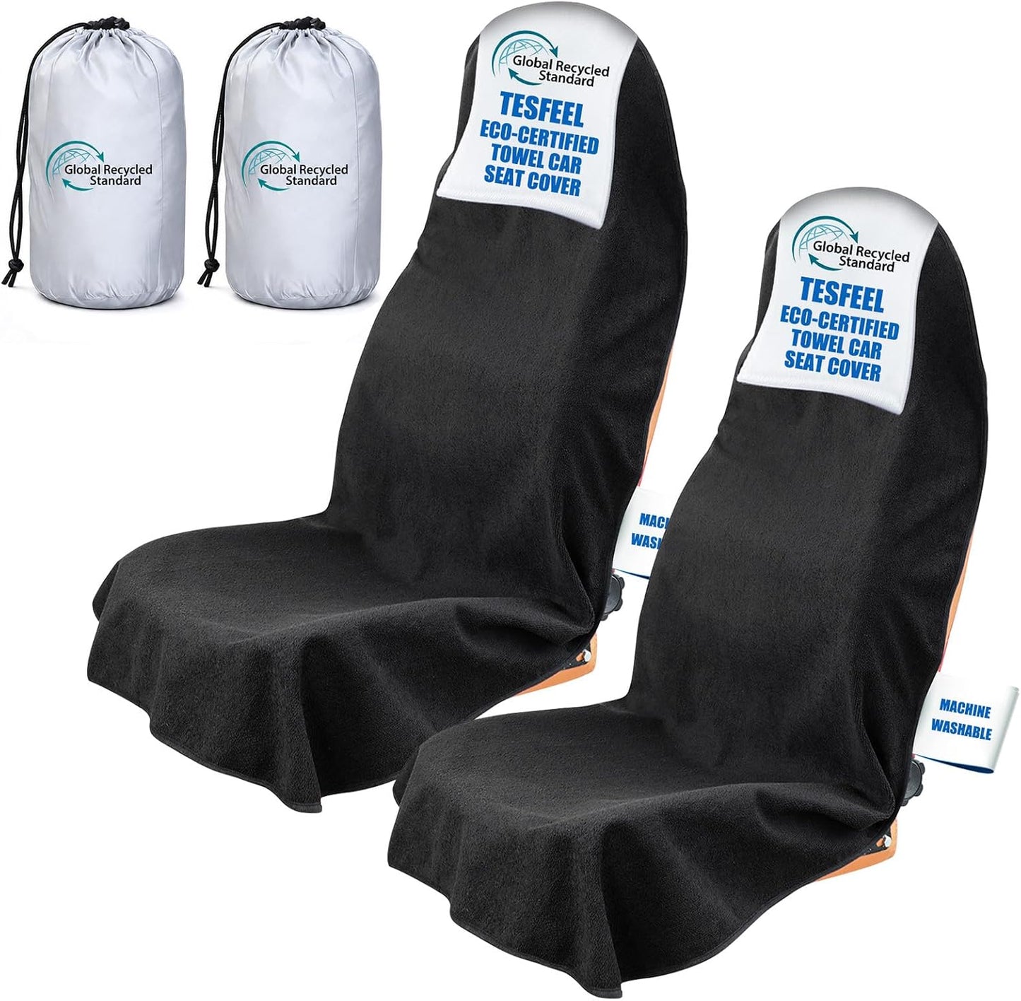 Car Seat Cover Towel GRS Certified Recycled, Waterproof & Washable, Non-Slip Universal Fit for Cars SUVs, Sweat Protection for Gym, Kids, Pets & Travel (Black, 2 Pack)