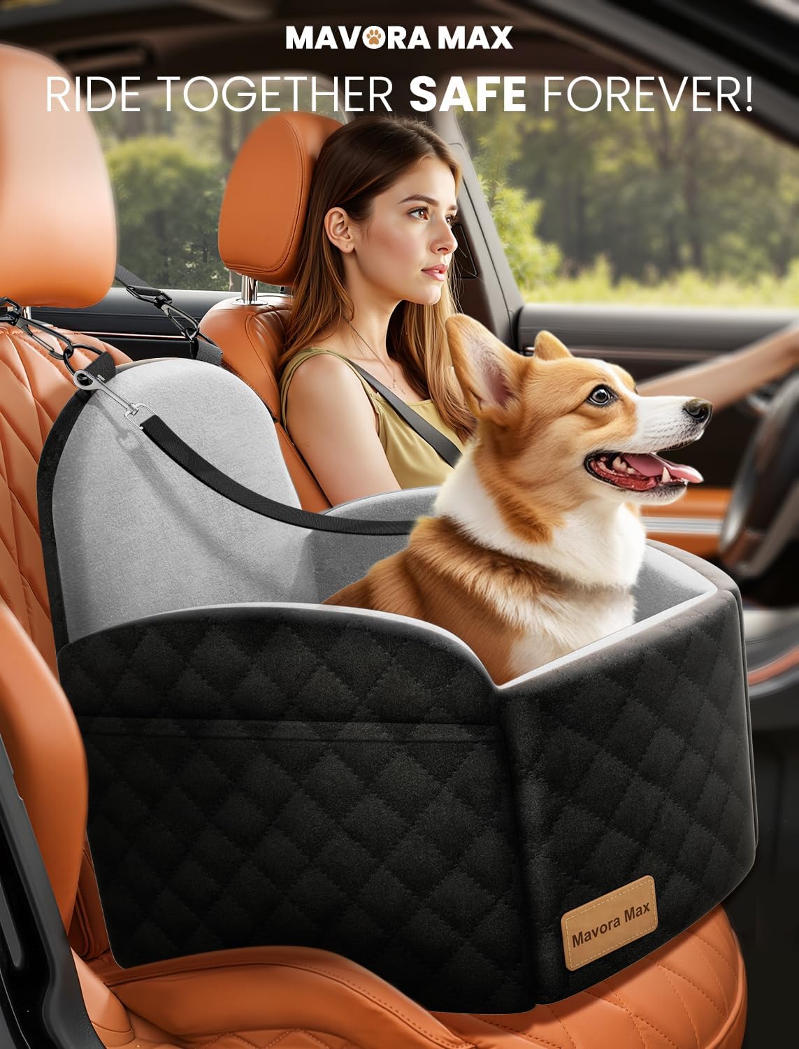 Dog Car Seat for Small/Medium Dogs, Memory Foam Puppy Car Seat Elevated Dog Booster Seat Up to 35 lbs, Fully Detachable Washable, Travel Safety Pet Seat with Storage Pockets (Black/Grey)