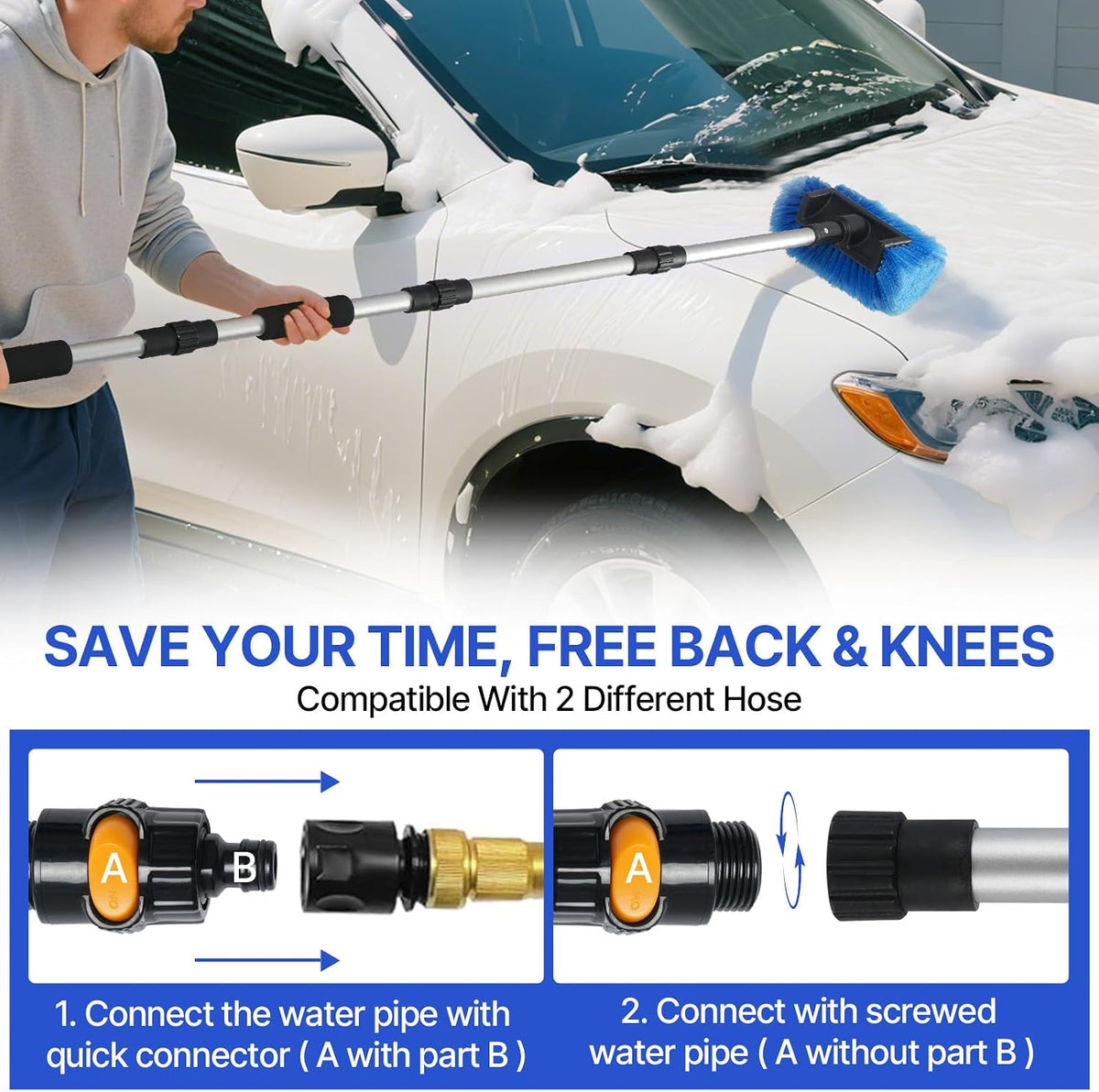 64'' Car Wash Brush with Long Handle, RV Flow-Through Wash Brush with Adjustable Handle, Anti-Scratch Plus Size Soft Car Wash Brush Mop with Hose Attachment Car Wash Kit for SUV RV Truck Boat