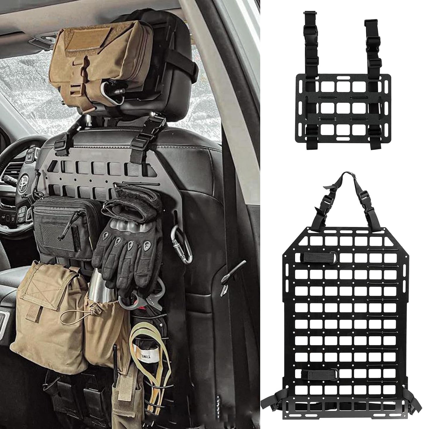 Rigid Molle Panels for Vehicles + Molle Headrest Panel Universal Tactical Molle Seat Back Panel Organizer Modular Storage & Display for Tactical Gears Accessories