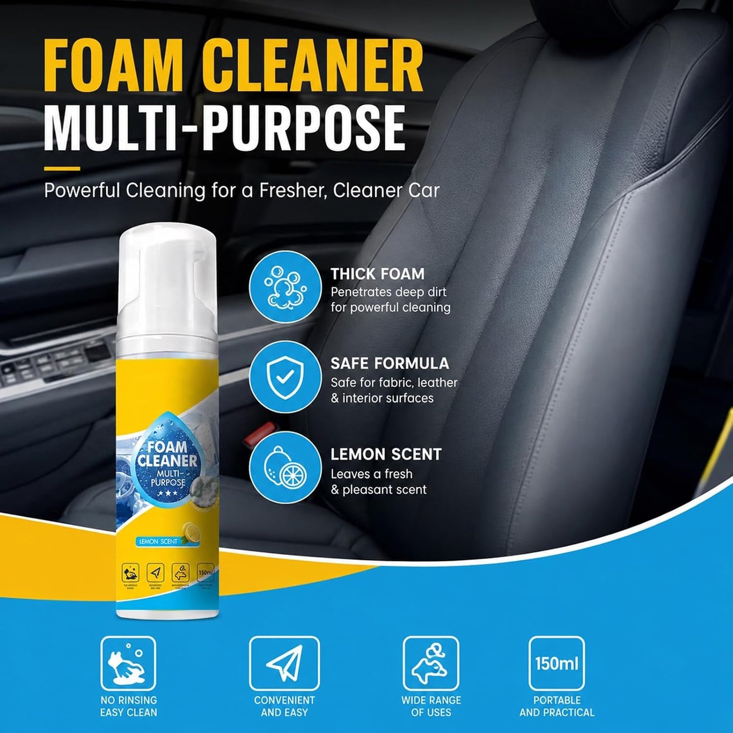 Interior No Rinse Foam Cleaner Premium Car Seat Cleaner Foam Upholstery Cleaner Car Headliner Dry Foam No Rinse Cleaner Leather Fabric Furniture White Shoe Carpet Detailer (Foam Cleaner, 150ml, 2PC)