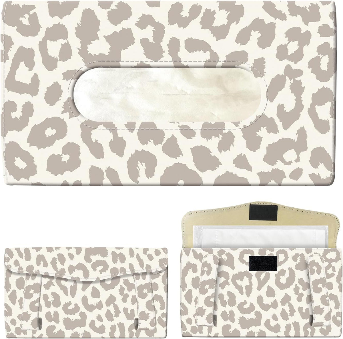 Car Tissue Holder, Cute Sun Visor Napkin Holder Backseat Tissue Case, PU Leather Tissue Box, Funny Car Accessories for Women Men Luxury Grey Leopard