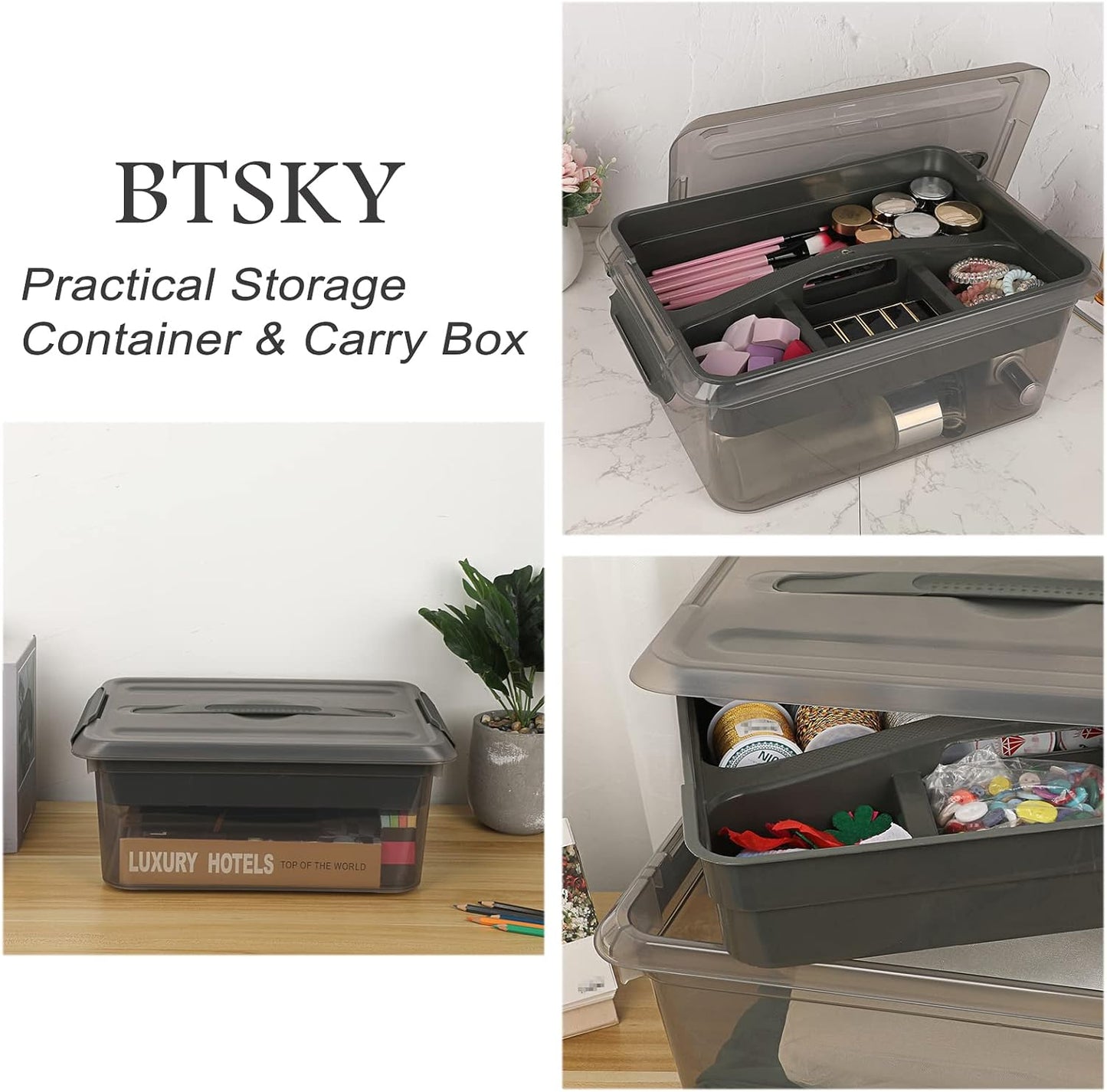 BTSKY Stack & Carry Box, Clear Plastic Storage Container Stackable Home Utility Box with Removable Tray Multi-Purpose Storage Bin for Organizing Stationery, Sewing, Art Craft Supplies (Black)