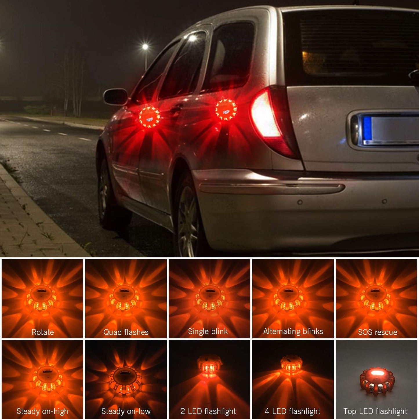 AK [4 Pack LED Road Flares Safety Flashing Warning Light Roadside Emergency Disc Beacon Kit for Vehicles Boats with Magnetic Base &amp; Hook, Premium Storage Bag (Batteries Not Included) (4)