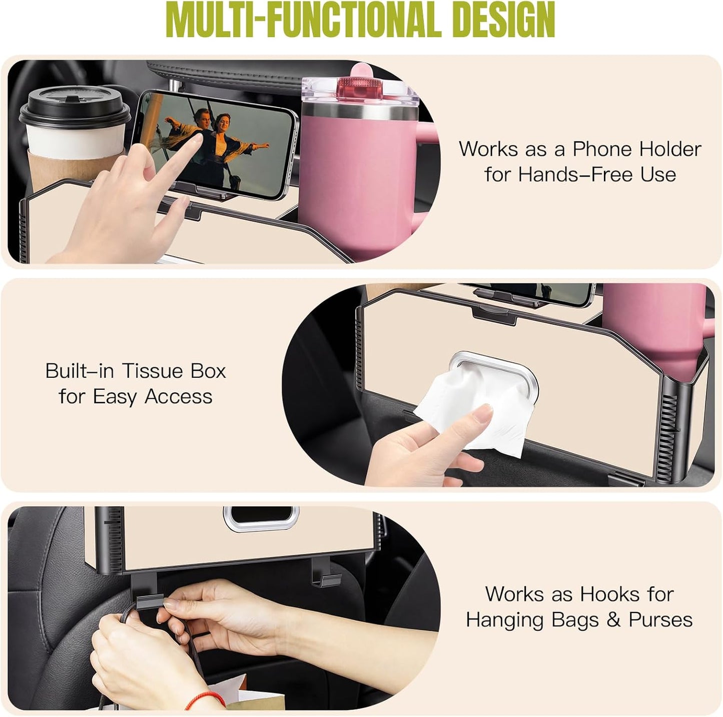 5-in-1 Back Seat Car Organizer and Storage with Extendable Cup Holder, Tissue Holder, Phone Holder, Hanging Hooks, Trash Bin, Back of Seat Car Headrest Organization Accessories for Women Man