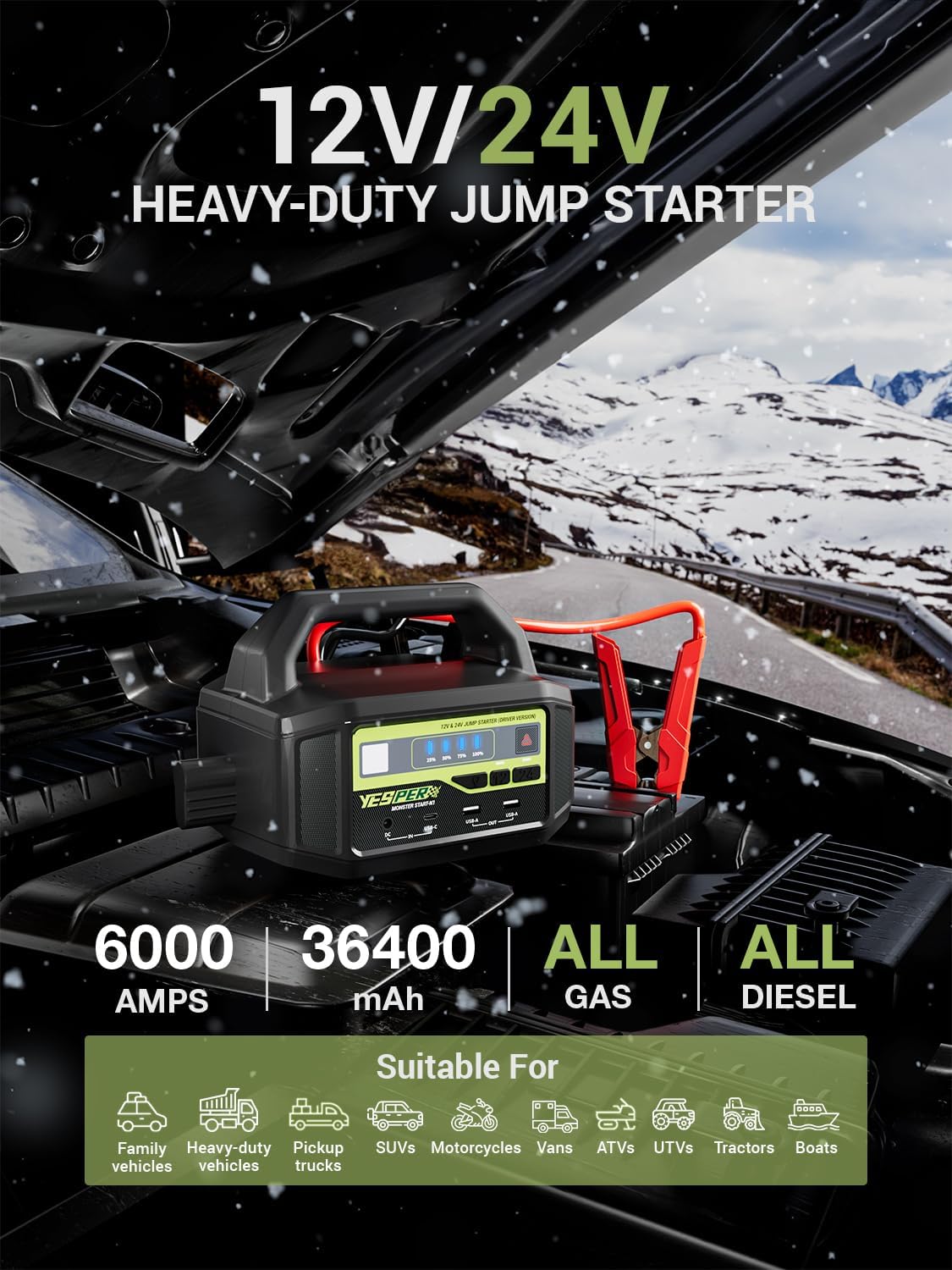 YESPER 12V/24V Car Battery Jump Starter 6000A Heavy Duty Truck Jump Box