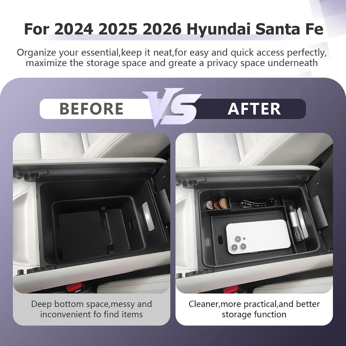 LUWU Center Console Organizer for 2024 2025 2026 Hyundai Santa Fe SE/SEL/XRT/Limited/Calligraphy Accessories Armrest Console Tray Storage Box ABS Material 2025 2026 Santa Fe Accessories Black