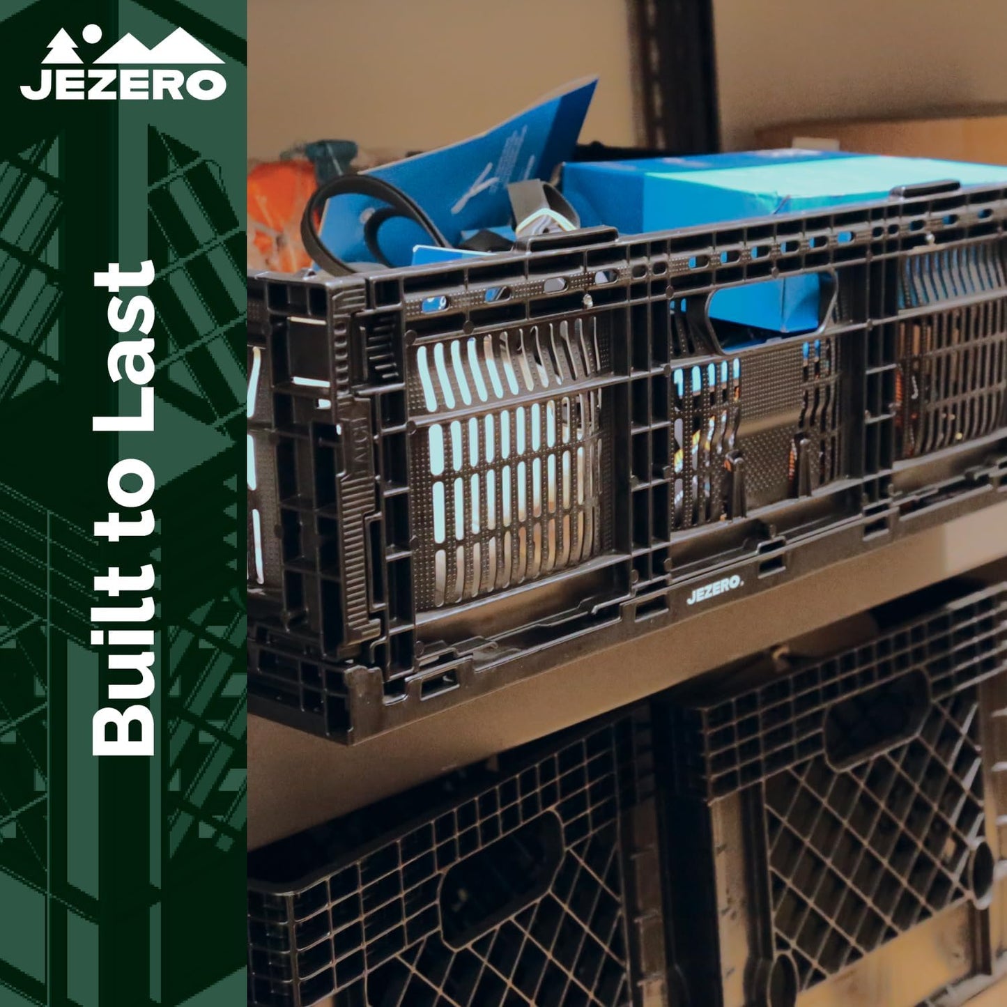 JEZERO Medium Collapsible Plastic Storage Crate – Stackable Utility Bin with Folding Walls for Garage, Closet, Car Trunk, and Home Organization | Black, 24" x 16" x 8"