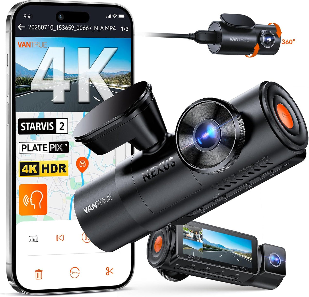 [Bundle-2 Items: Vantrue N4 Pro S Dash Cam & CPL & Hardwire Kit] Triple STARVIS 2 Dash Camera for Cars, 4K+1080P+2.5K Front and Rear Inside, HDR IR Night Vision, 24/7 Buffered Parking Mode, GPS