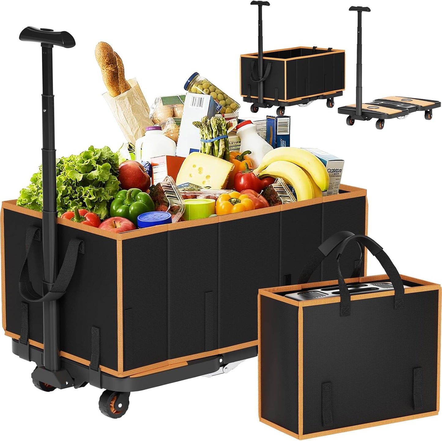 Collapsible Foldable Wagon Cart Heavy Duty, 3-in-1 Utility Dolly Wagons Carts with Wheels, Portable Folding Hand Truck with Removable Bag for Groceries, Laundry, Sports, Office