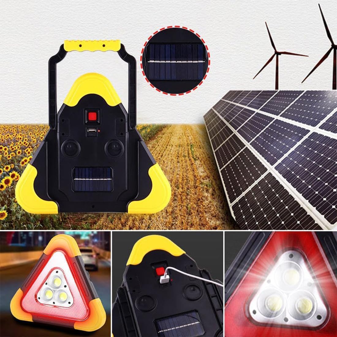 3-in-1 Solar Emergency Triangle Warning Light at the Roadside, USB Rechargeable Led Road Flares Power Bank, Waterproof Safety Triangle, with 4 Flash Modes for Car Truck Roadside (1PCS)