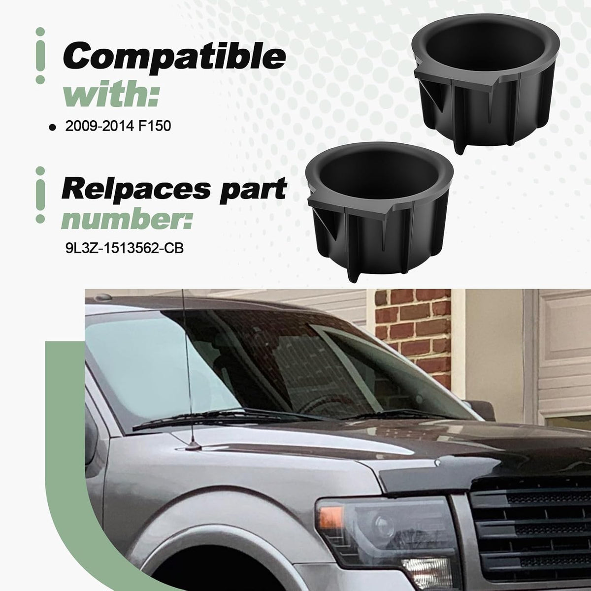 2 PCS Front Console Cup Holder with Flow Through Console Inserts Replacement Black TPE Compatible with 2009-2014 F150 Repalce 9L3Z-1513562-CB
