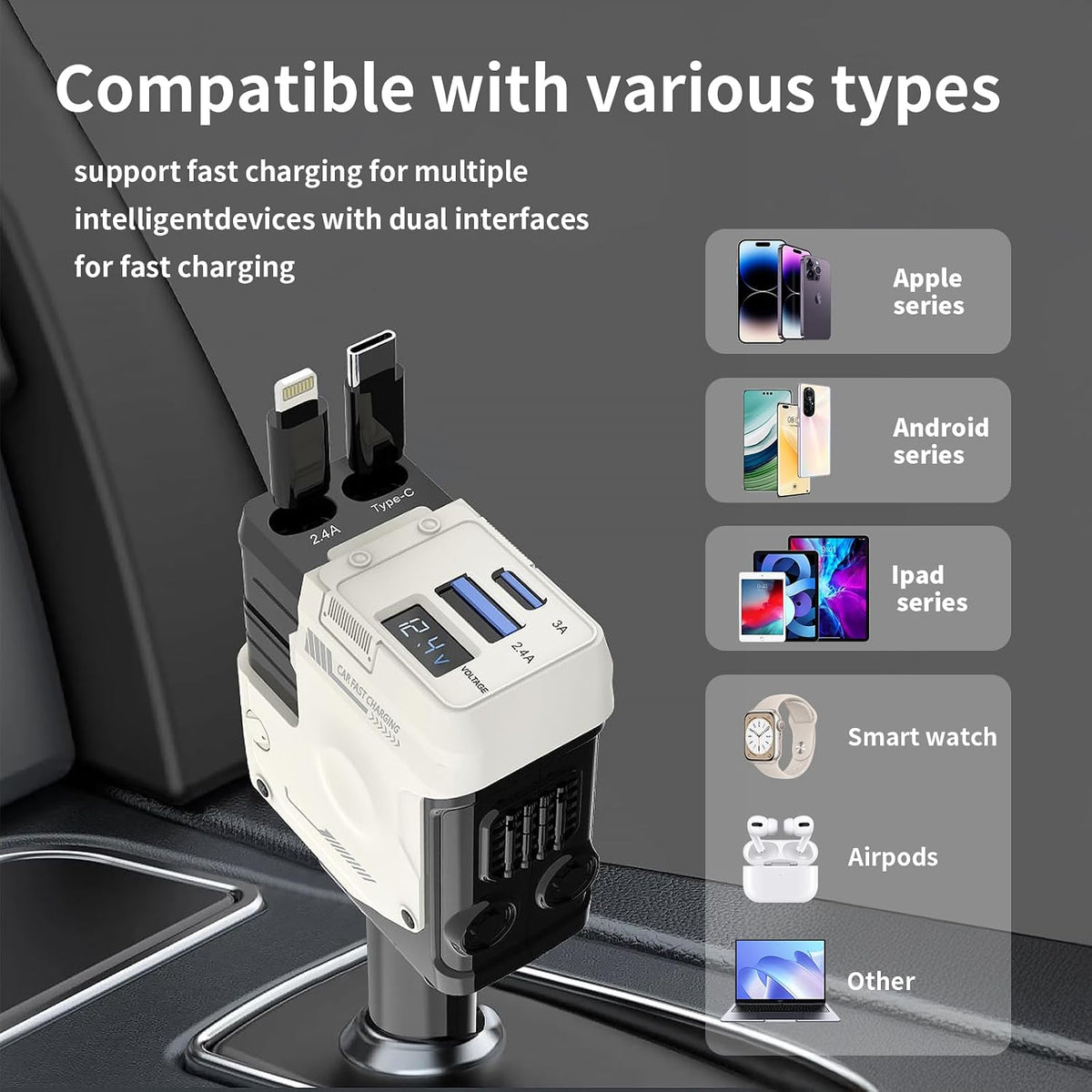 4 in 1 Retractable Car Charger with 4 Shock Absorbers,Cigarette Lighter Adapter with Retractable Cables (31.5 in),Road Trip Essentials for Iphone12/13/14/15/16/17(White)