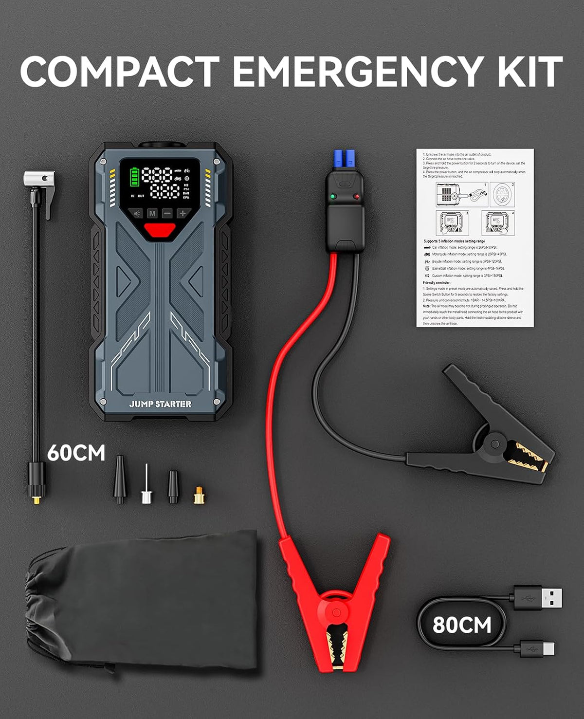 Car Jump Starter with Air Compressor, 4000A 12V Battery Jumper Starter Portable, 150PSI Jump Box Car Battery with Auto-Shutoff Tire Inflator for Vehicles (All Gas / 10.0L Diesel)