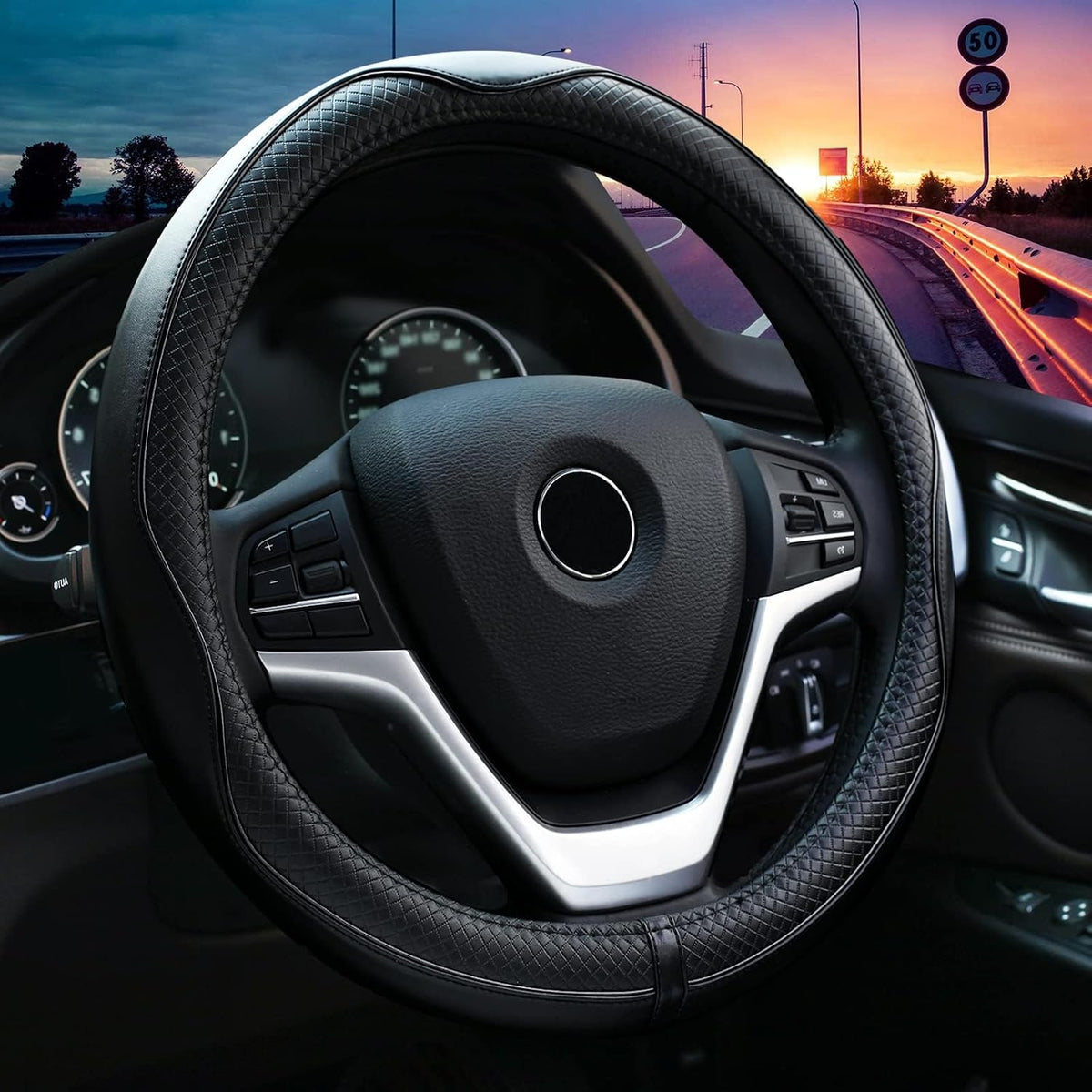 Valleycomfy Steering Wheel Covers Universal 15 inch - Genuine Leather