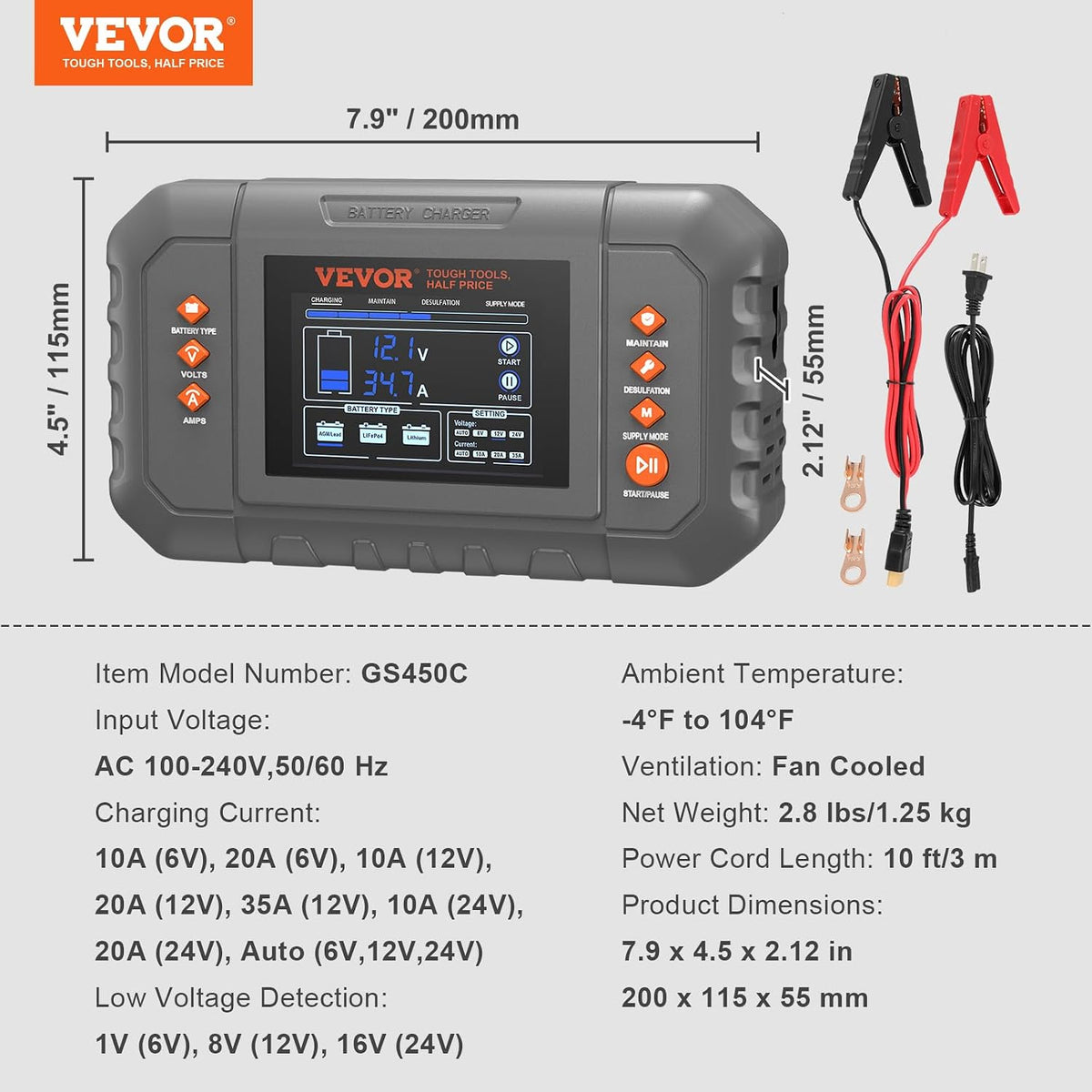 VEVOR Smart Battery Charger, 35-Amp, Lithium Lead-Acid Car Battery Charger