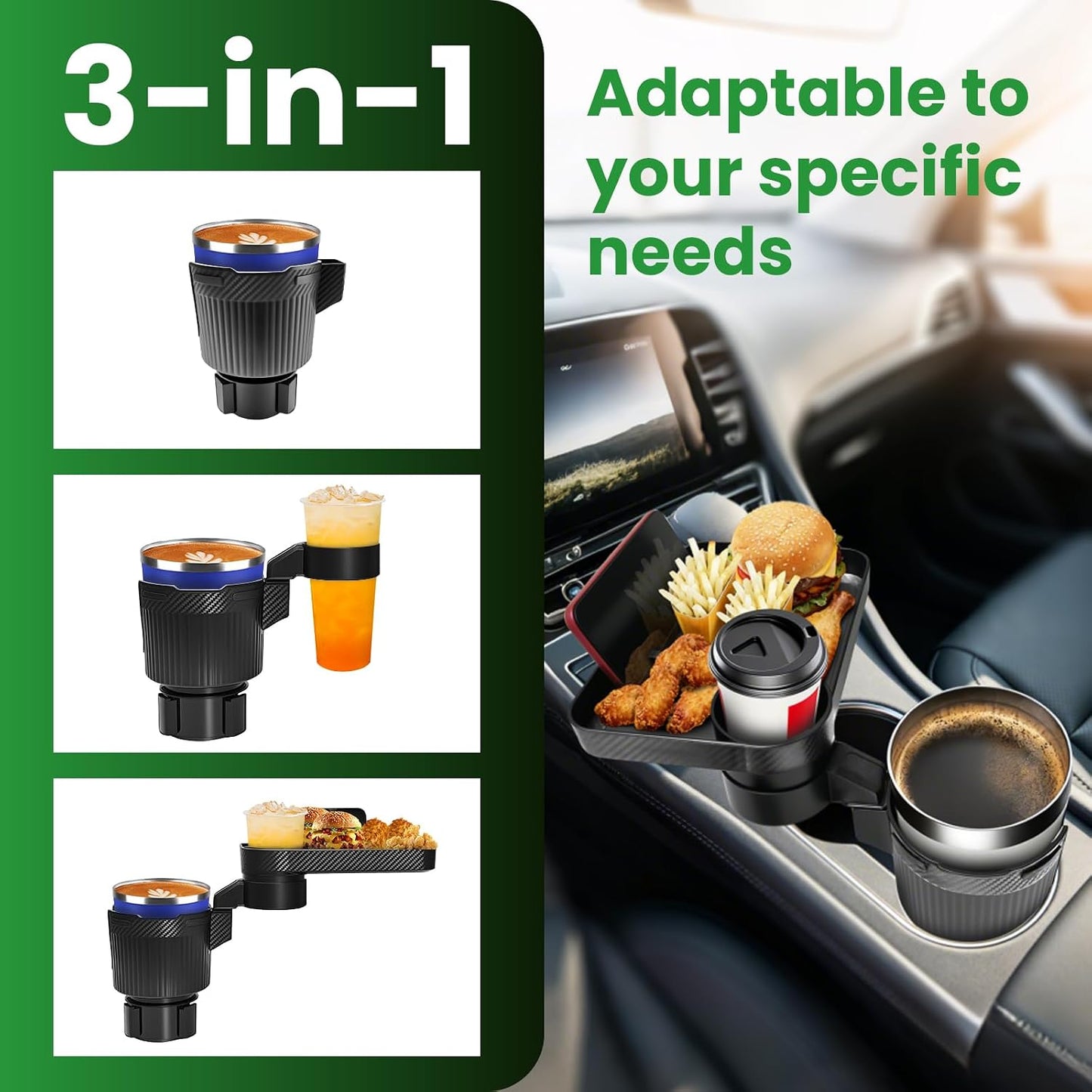 Car Cup Holder Tray, Extra Large Car Cup Holder Expander with 360° Rotation Fit Most Big Cup Detachable 3 in 1 Car Trays for Eating, Phone & Snack Organizer Road Trip Essentials