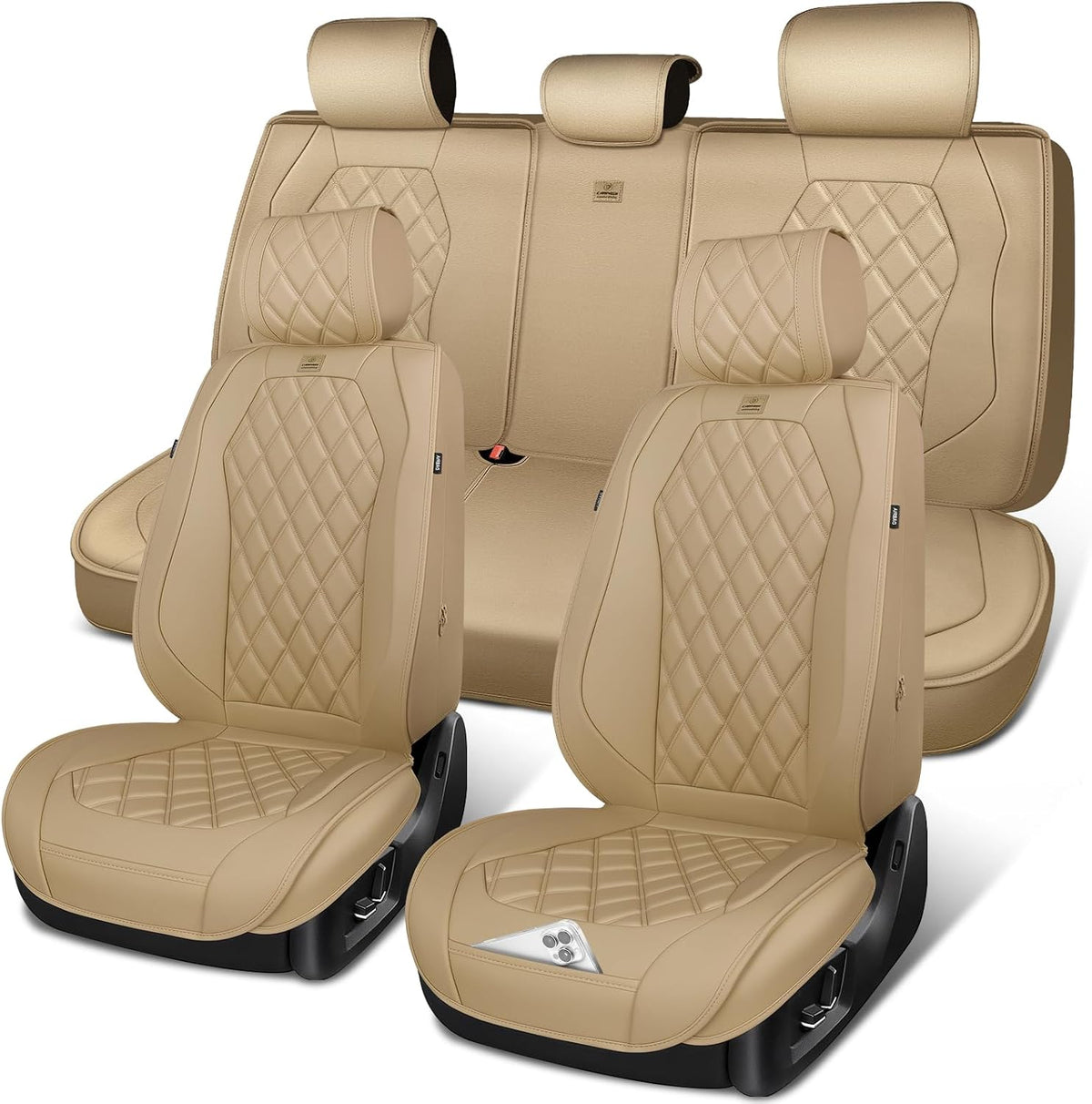 CAR PASS Luxury Nappa Leather Seat Covers Full Set, 3D Rhombus Waterproof Faux Leather Seat Covers, Universal Automotive Seat Cushion Fit for Most Sedan SUV Truck Van, Airbag Compatible Beige