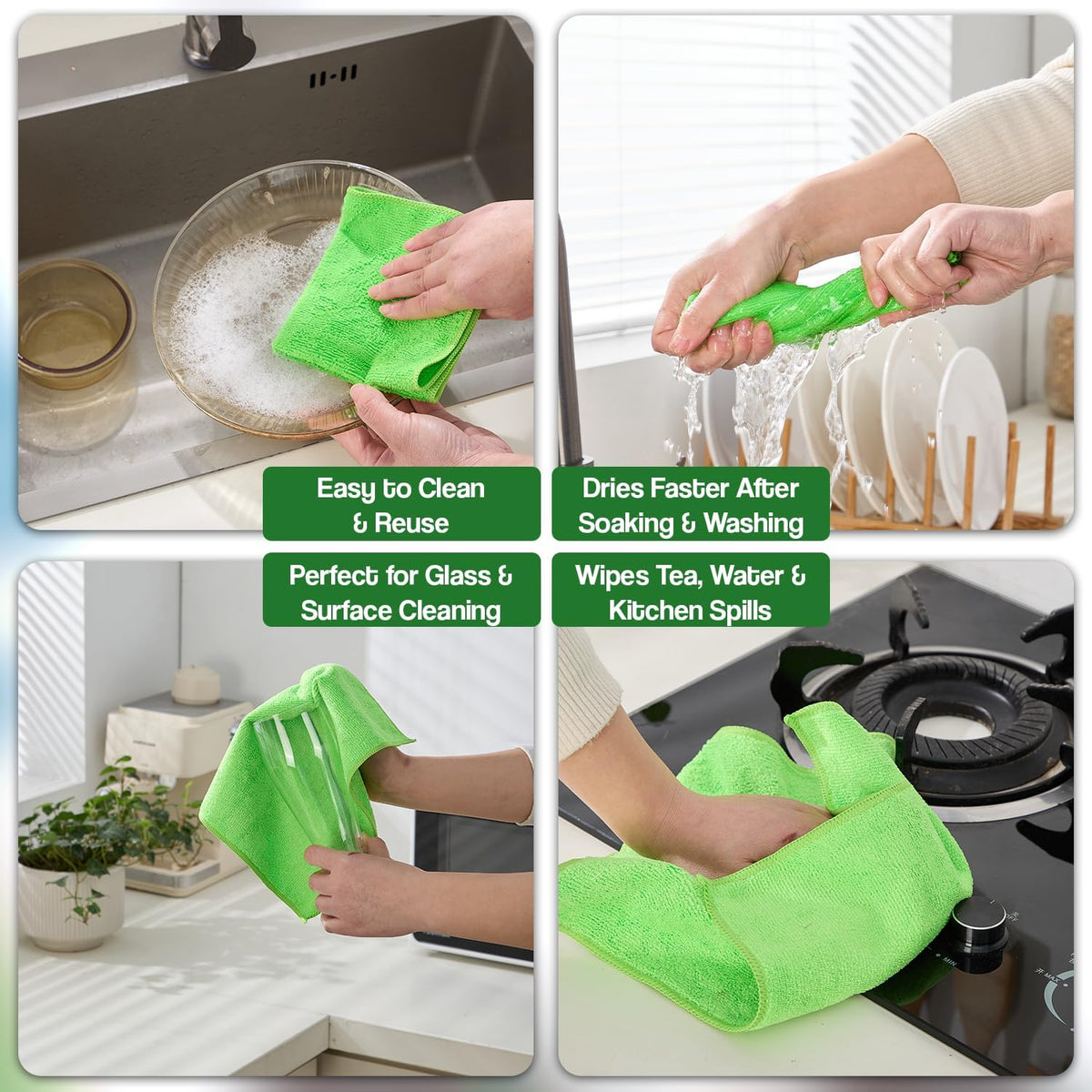Microfiber Cleaning Cloth 24 Pack, 12x12 Inch Lint Free Streak Free Towels, Ultra Absorbent Cleaning Rags for Cars, Auto Detailing, Kitchen & Windows (24, Green)