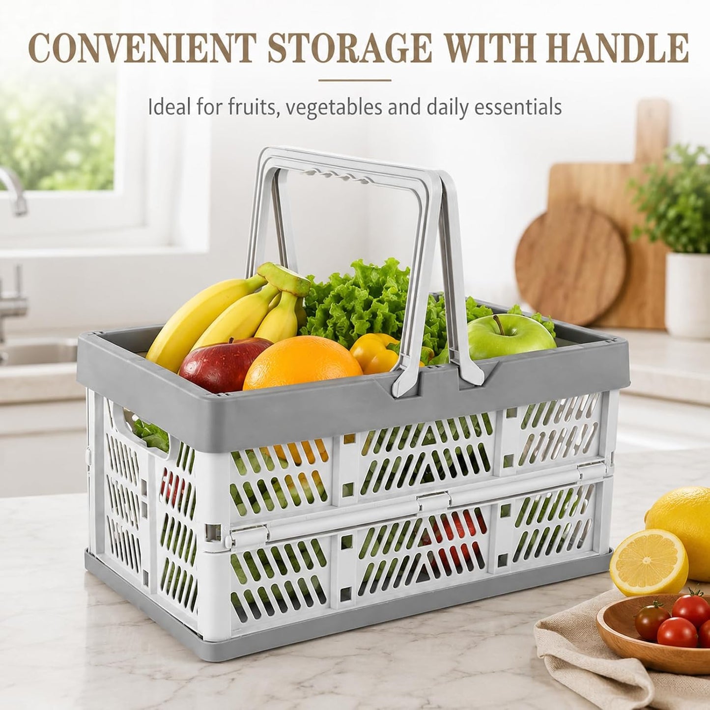 CYEAH 3 Pack Collapsible Shopping Baskets, 20L Foldable Plastic Storage Crates with Handles, Reusable Grocery Baskets for Car Trunk, Pantry, Garage, Kitchen, Picnic and Organizing, Holds 20 lbs Each