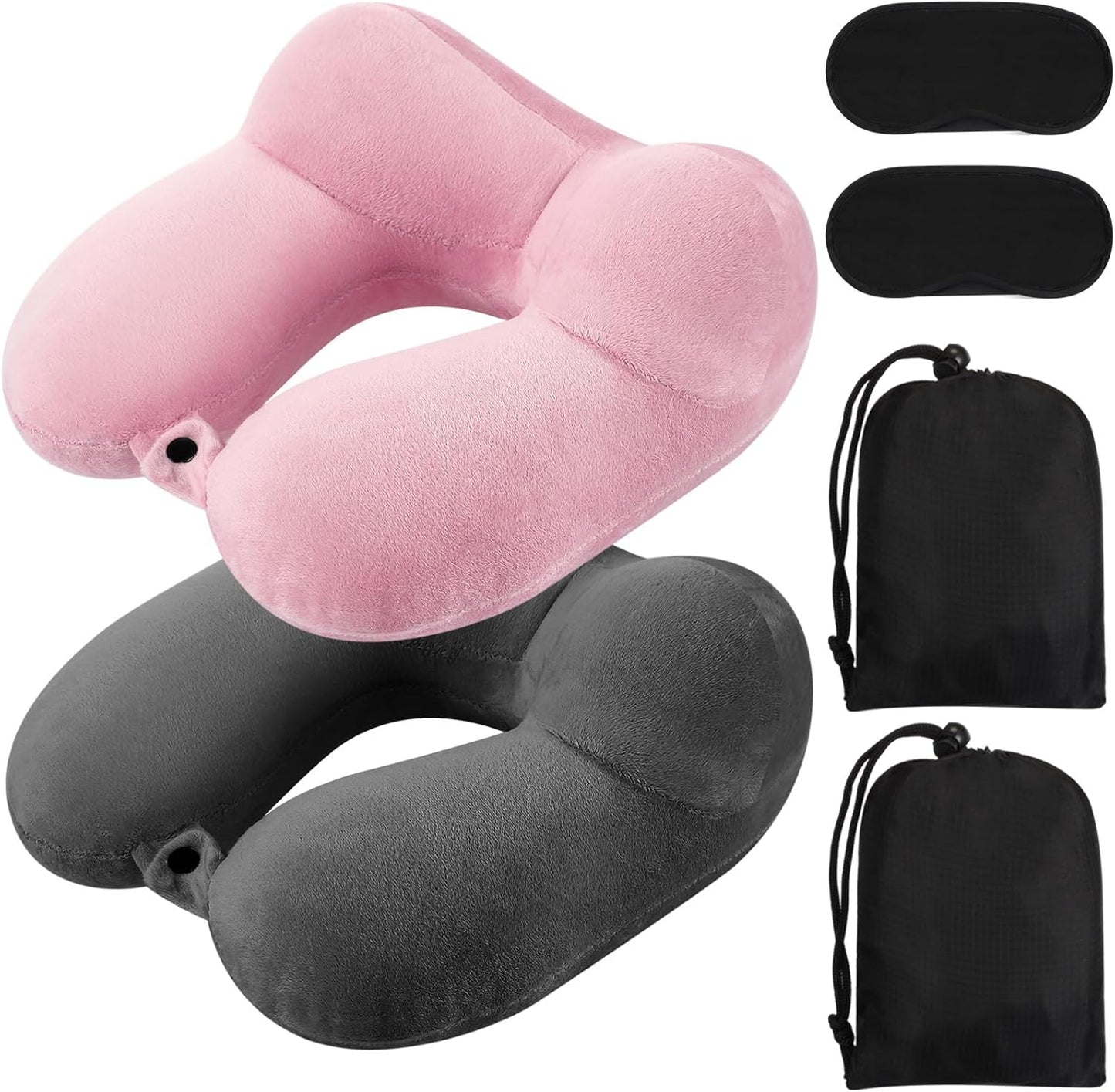 Sintuff 2 Pack Inflatable Travel Pillow for Airplanes Inflatable Neck Flight Pillows with Compact Bag and Blindfold for Traveling, Airplane, Train, Car, Office(Gray)