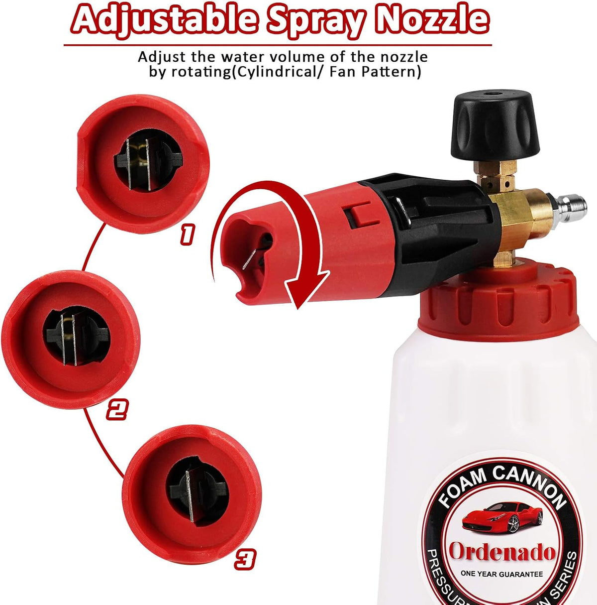 Ordenado Adjustable Foam Cannon 1 Liter Bottle Snow Lance Professional Car Wash Pressure Washer Gun Jet Wash Fit 1/4" Quick Connector Blaster Car Detailing Accessories 02