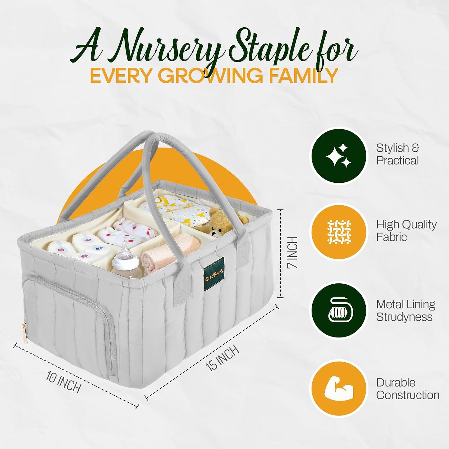 Large Diaper Caddy Organizer with Handle – Baby Basket for Nursery, Car, and Changing Table – Portable Baby Storage with Compartments – Perfect for New Parents and Baby Shower Gifts (Gray)