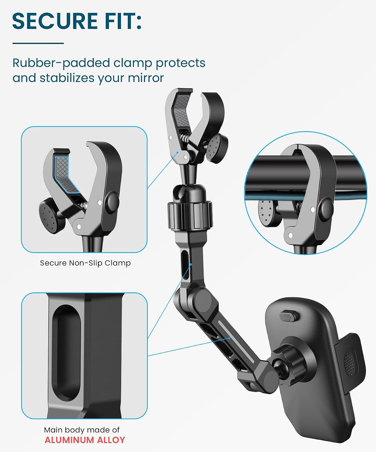 Rear View Mirror Phone Holder, Premium Aluminum Alloy Mount with Multi-Angle Adjustment, Rearview Mirror Phone Holder Mount For Car & Truck, Universal Accessories Compatible with All Cell Phone