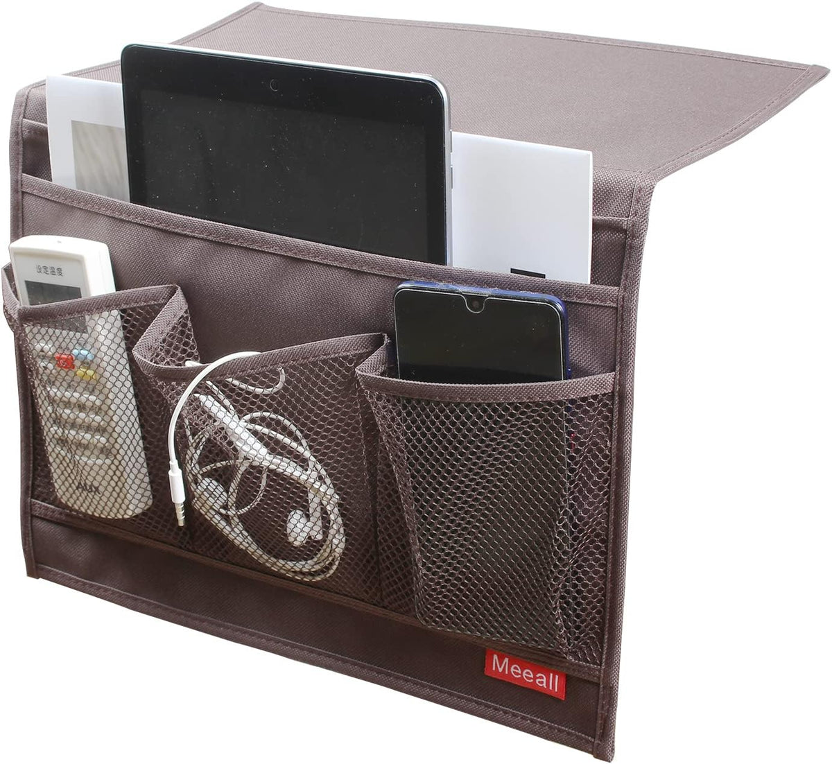 Bedside Storage Organizer with 6 Pockets, Bedside Caddy, Table Cabinet Storage Organizer, TV Remote Control, Phones, Magazines, Tablets, Accessories, Grey