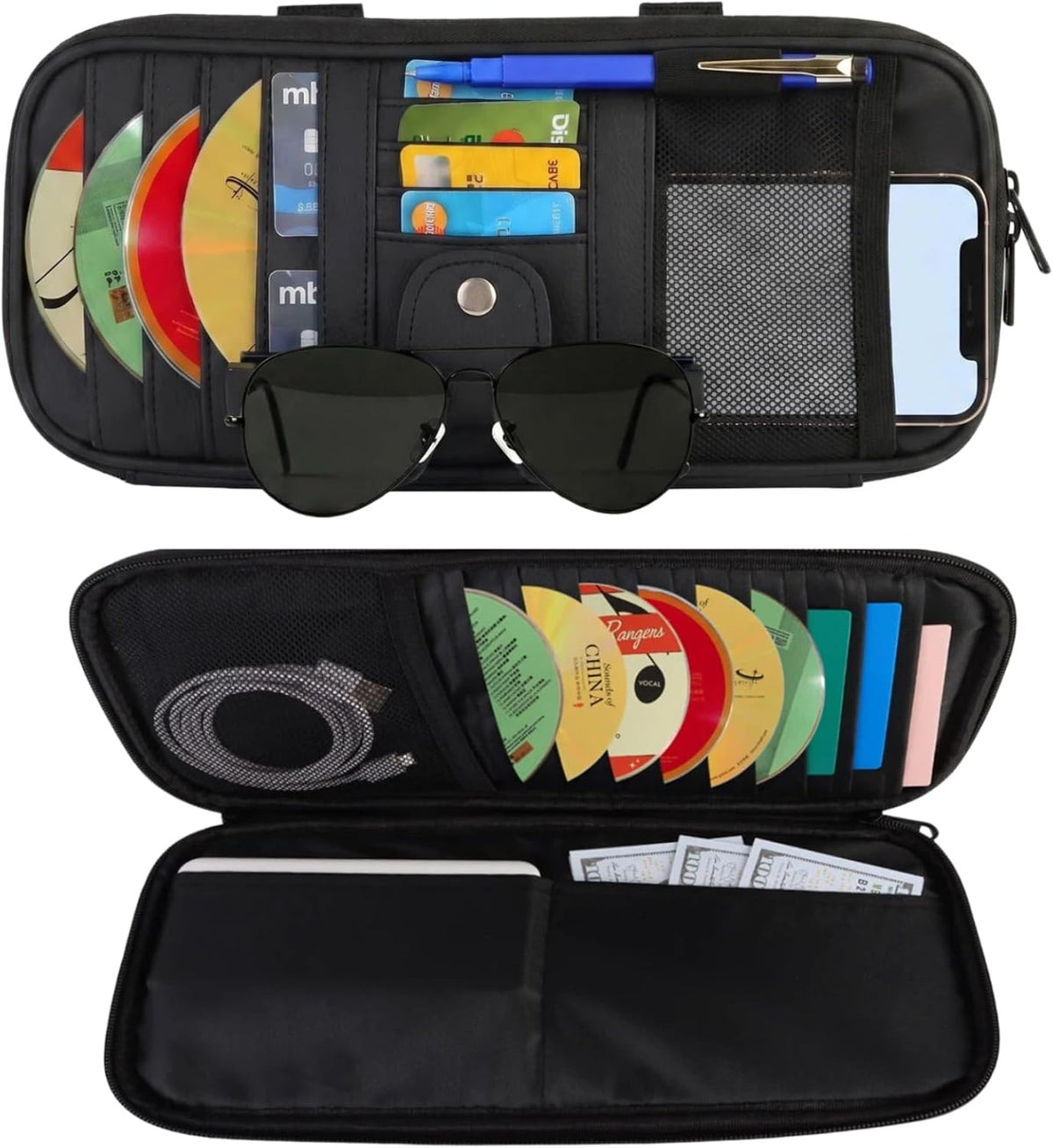 Car Visor Organizer,Car CD Case Holder,Leather Multi-Pocket Organizer Storage Bag for Car/SUV/Truck with 13 DVD Storage Sleeves,Sunglass Clip,Card Holder,Pen Holder,Visor Accessories,Car Organizer