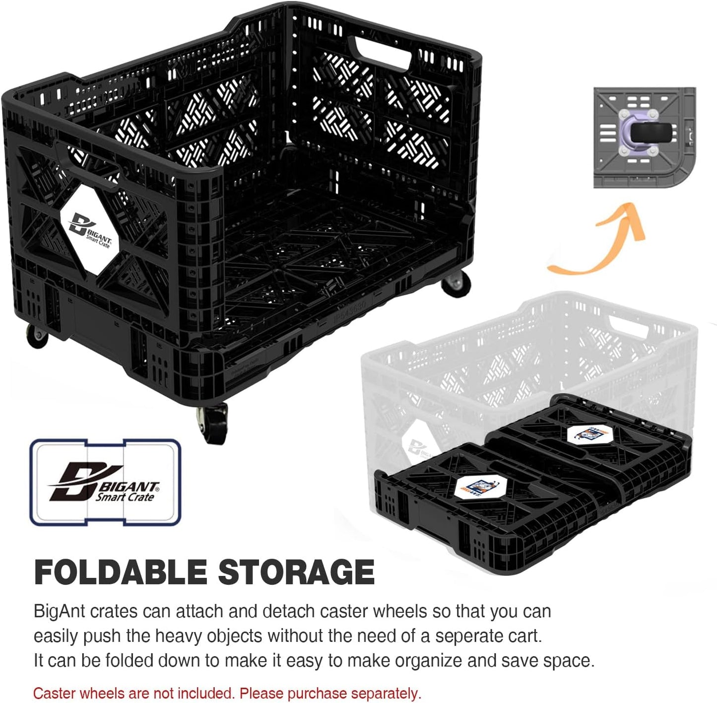 Bigant Heavy Duty Collapsible & Stackable Plastic Milk Crate-Medium Size, Black, Stackable Open Front Organizer, Set of 1, Snap Lock Foldable Industrial Garage Storage Bin Container Utility Basket