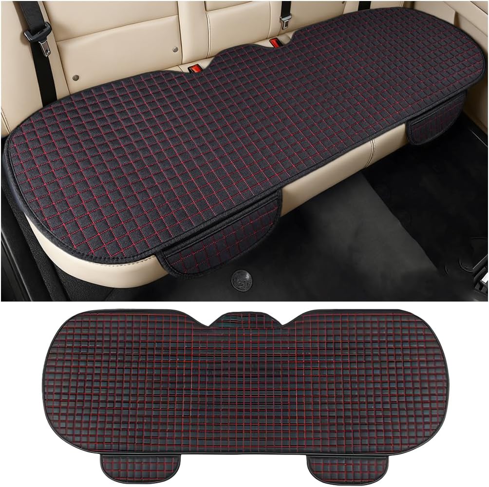 Car Back Seat Cover, Linen Breathable Vehicle Rear Bottom Bench Seat Protector with Storage Pocket, Anti-Slip Comfortable Long Automotive Rear Chair Cover, Universal for Vehicles (Coffee)